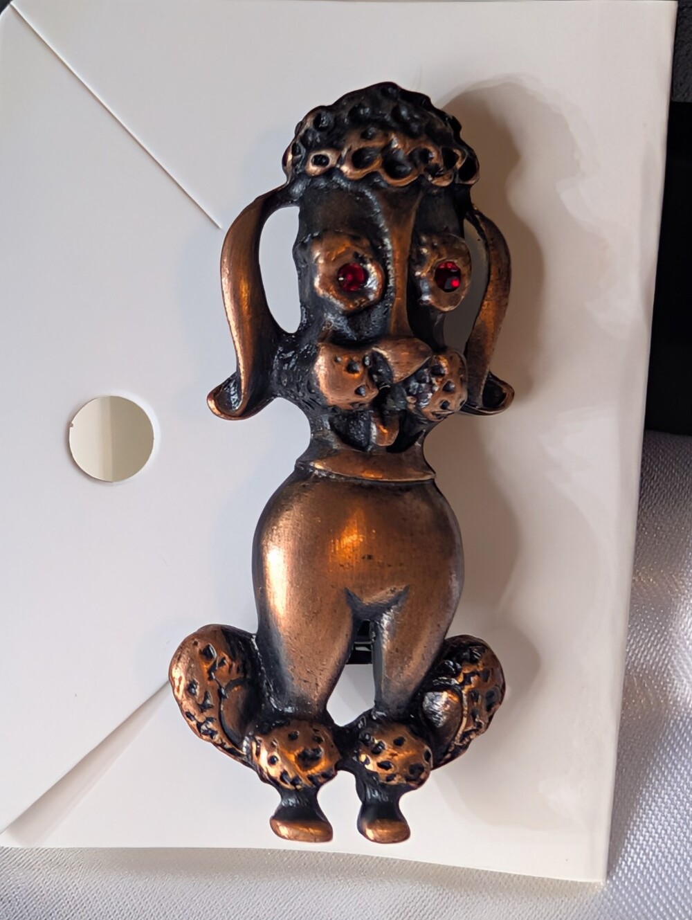 Vintage Antiqued Bronze Poodle Dog Brooch Pin Red Rhinestone Eyes